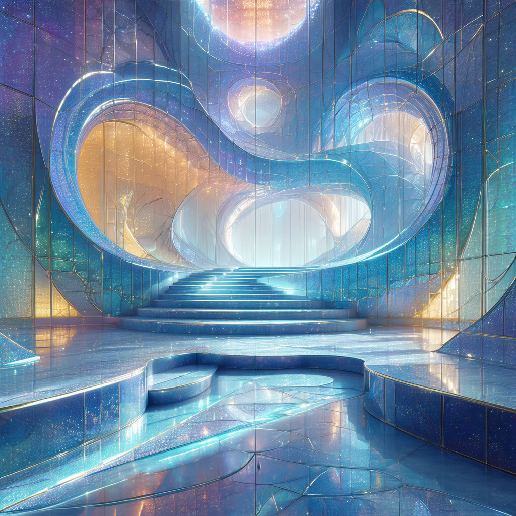 Futuristic, blue-lit room with a staircase leading to a door