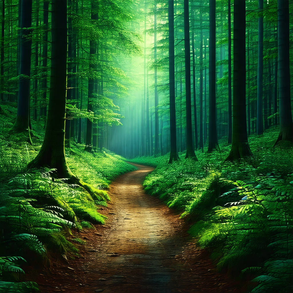 Lush green forest with a dirt path running through it