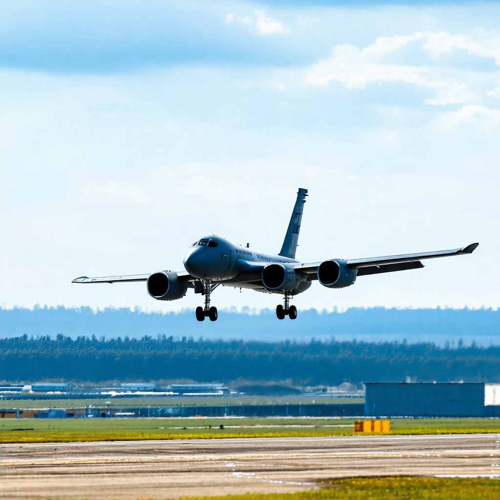 Large jetliner flying low over a runway
