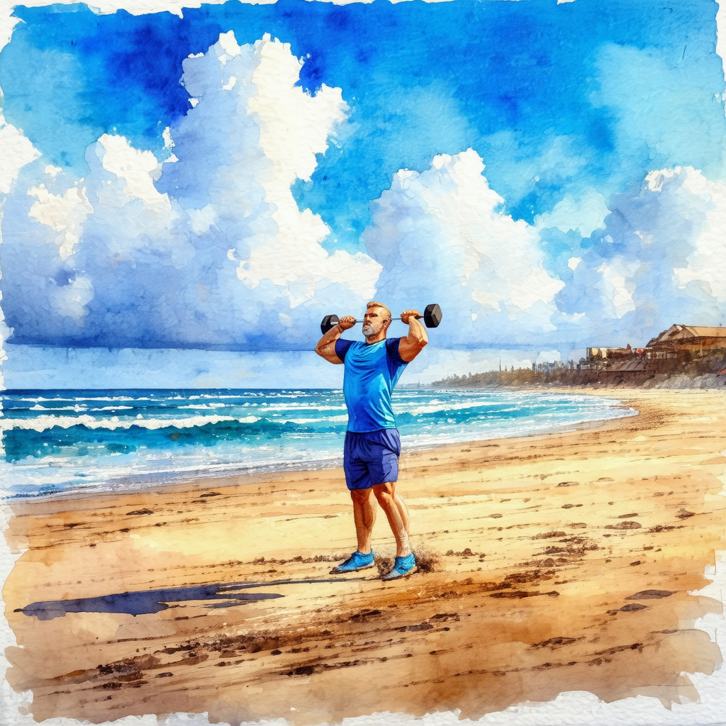 Man standing on a beach, holding a pair of dumbbells