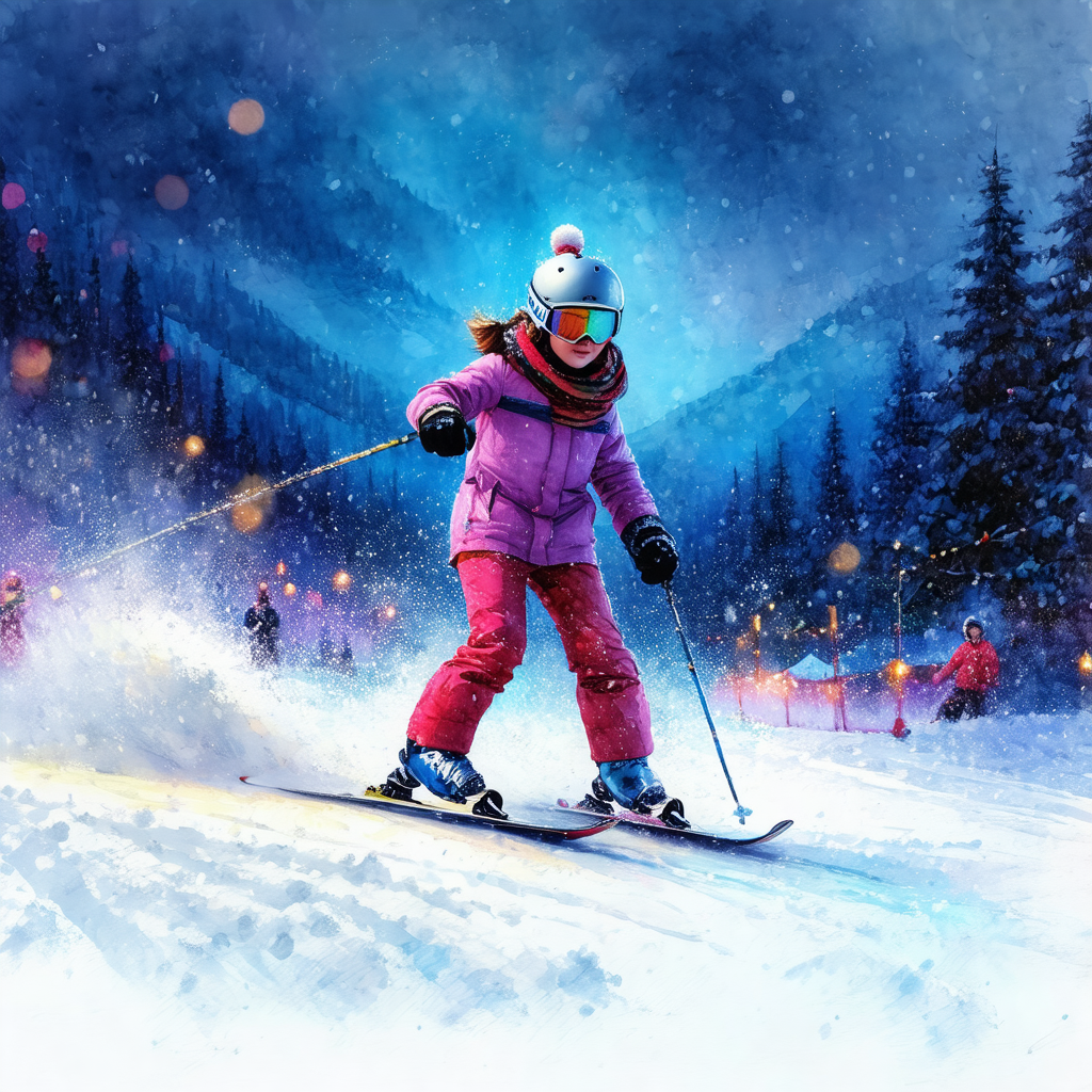 Painting of a woman skiing down a snowy slope