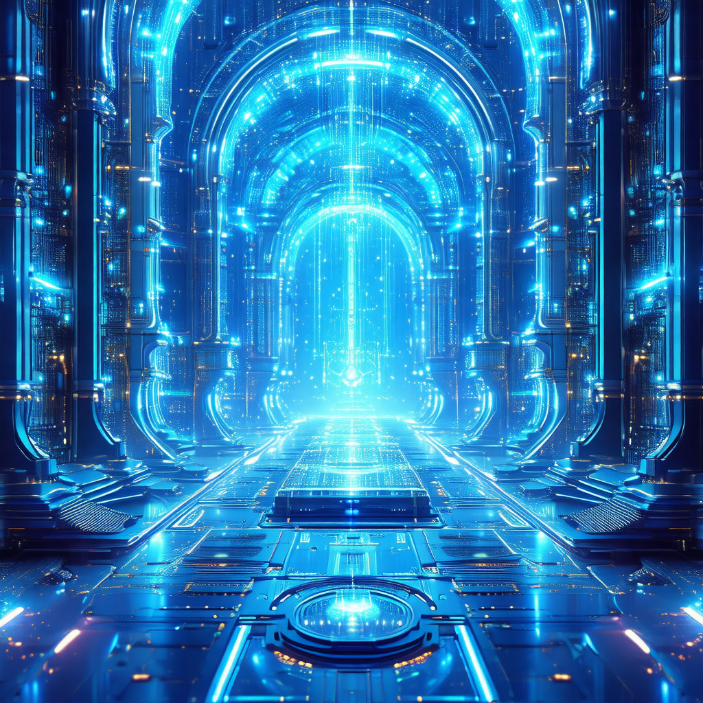 Futuristic, blue-lit room with a large, open doorway