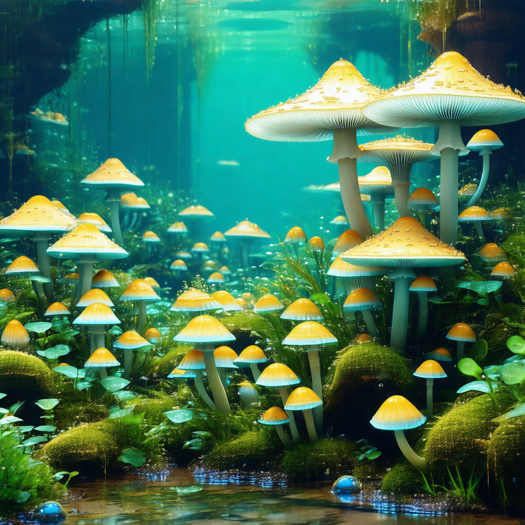 Vibrant underwater scene with a variety of mushroom-shape...