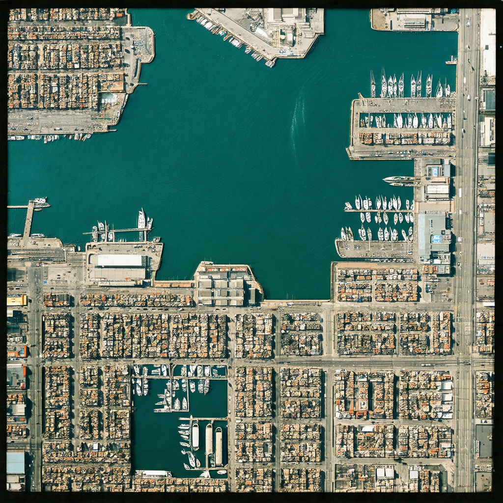 Bird's eye view of a harbor filled with numerous boats of...