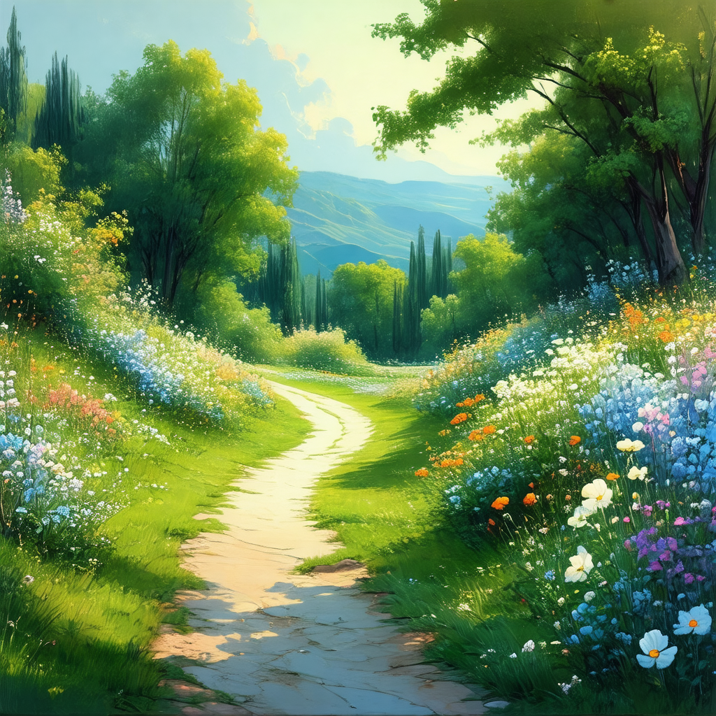 Beautiful, lush green field with a dirt path running thro...