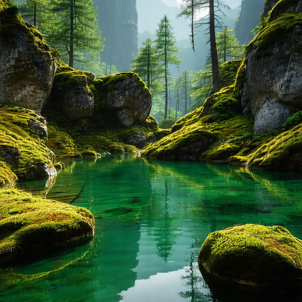 Serene mountain lake surrounded by lush green trees
