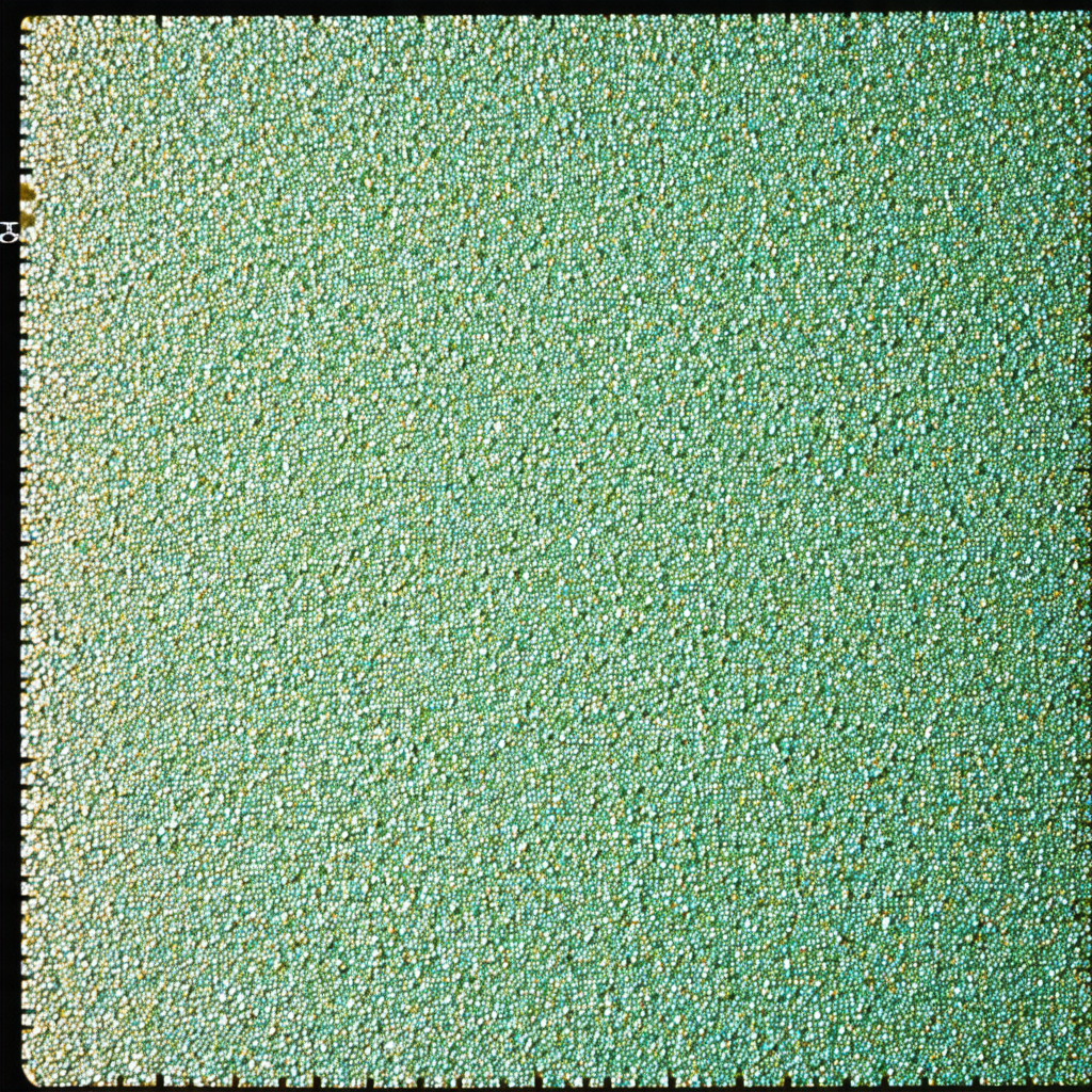 Large, bright green wall with a pattern of small, colorfu...