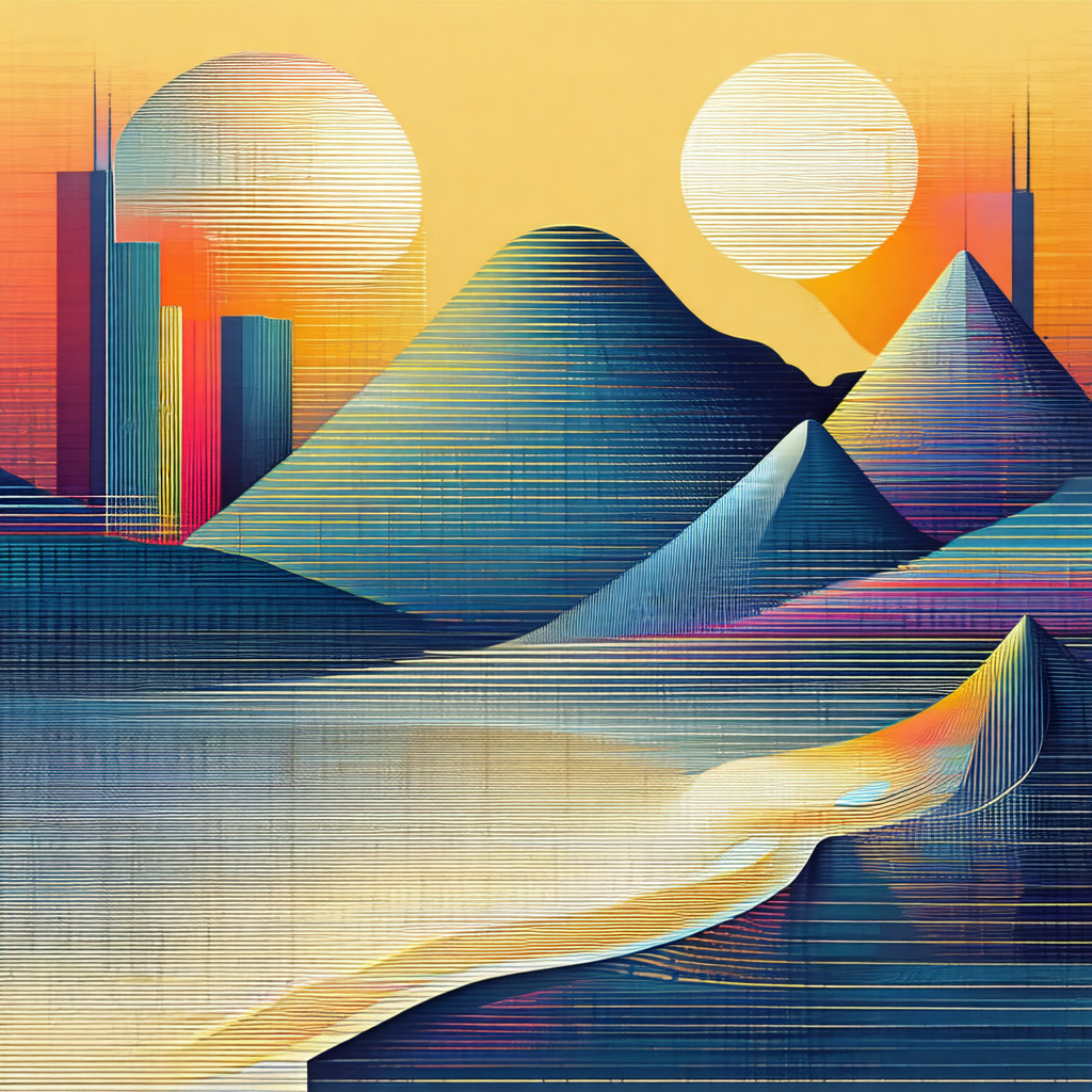 Colorful painting of a cityscape with a mountain range in...