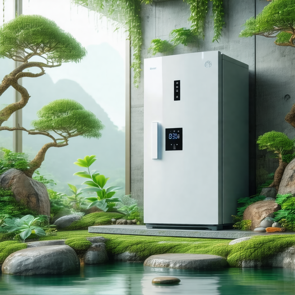 White refrigerator placed in a lush green garden setting