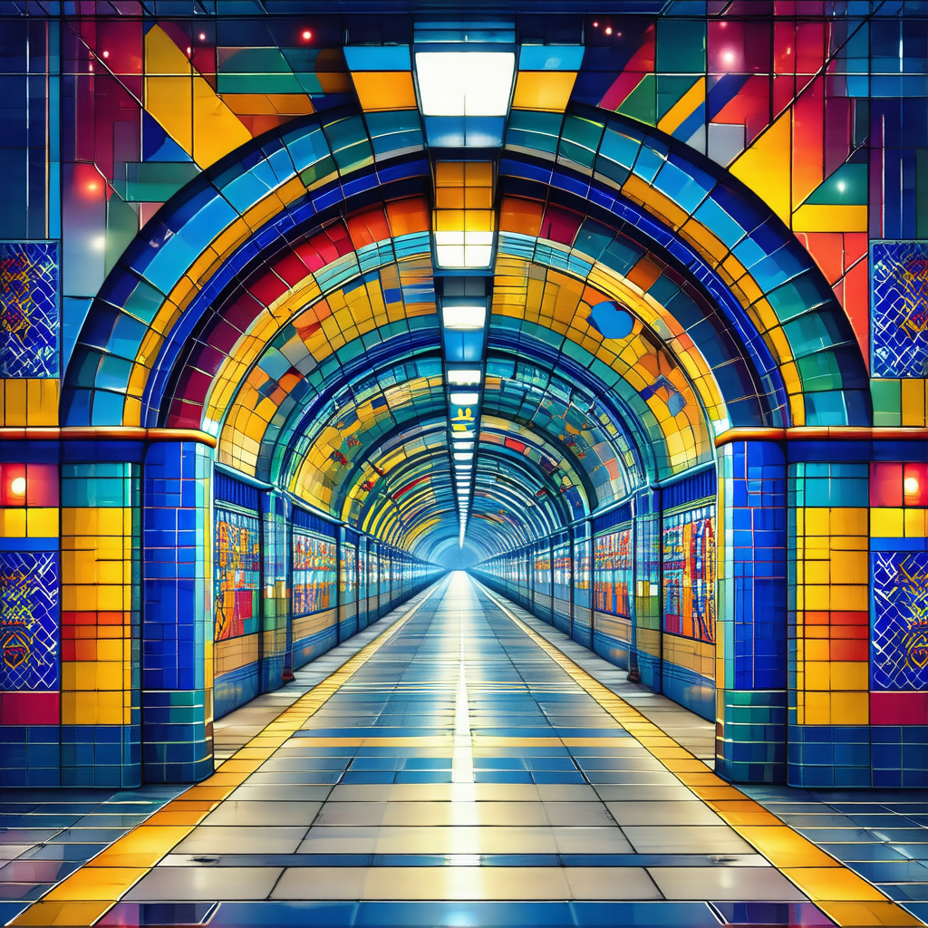 Painting of a long, narrow tunnel with a blue and yellow ...