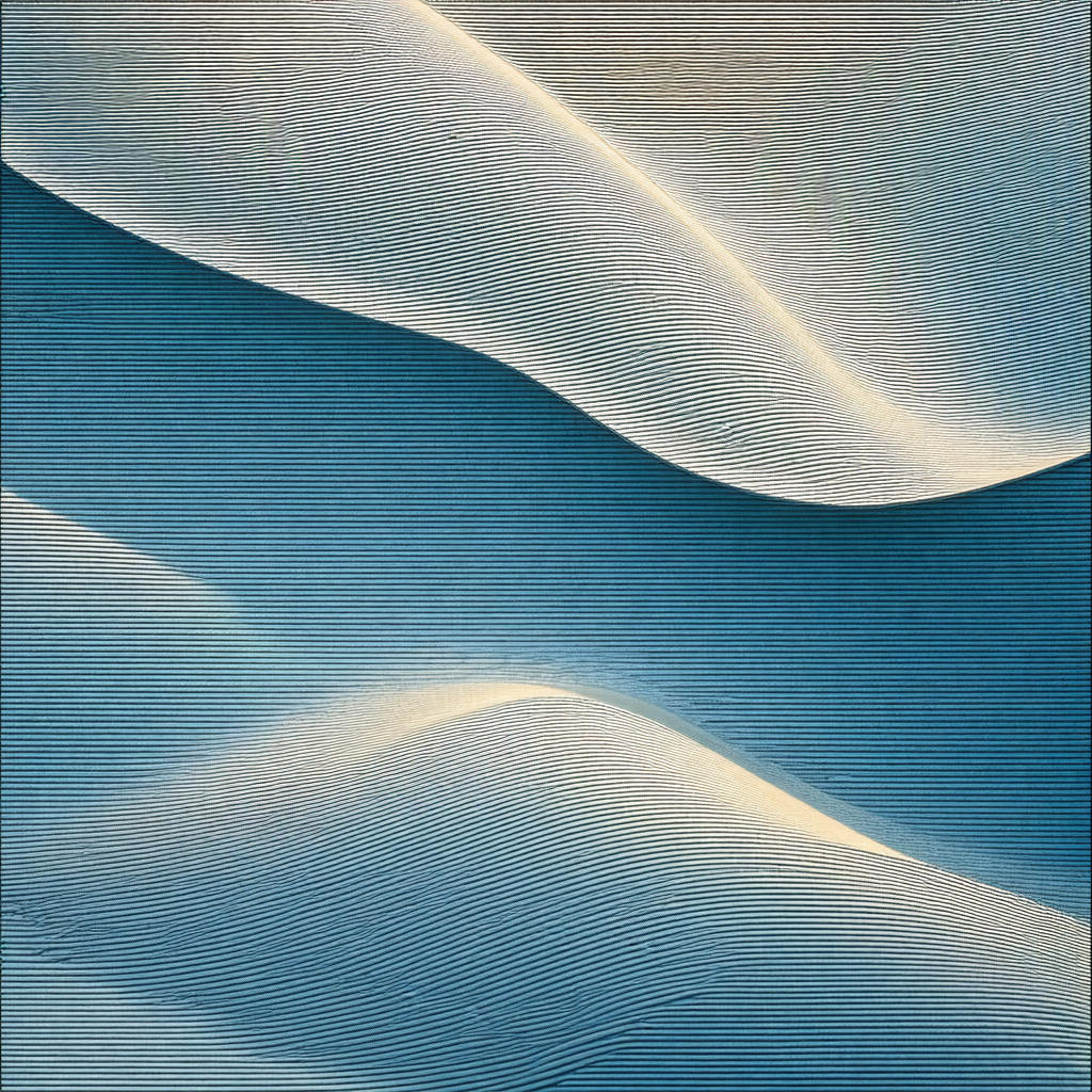 Blue and white painting of a sandy beach