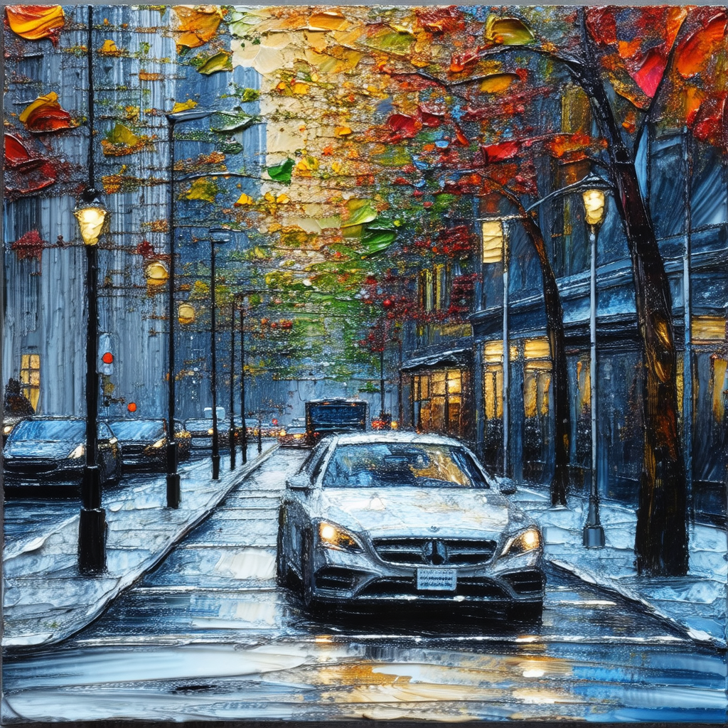 City street at night, with a car driving down the road