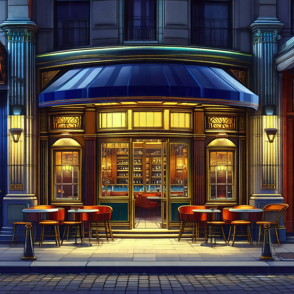 Lively scene of a restaurant with a large blue awning