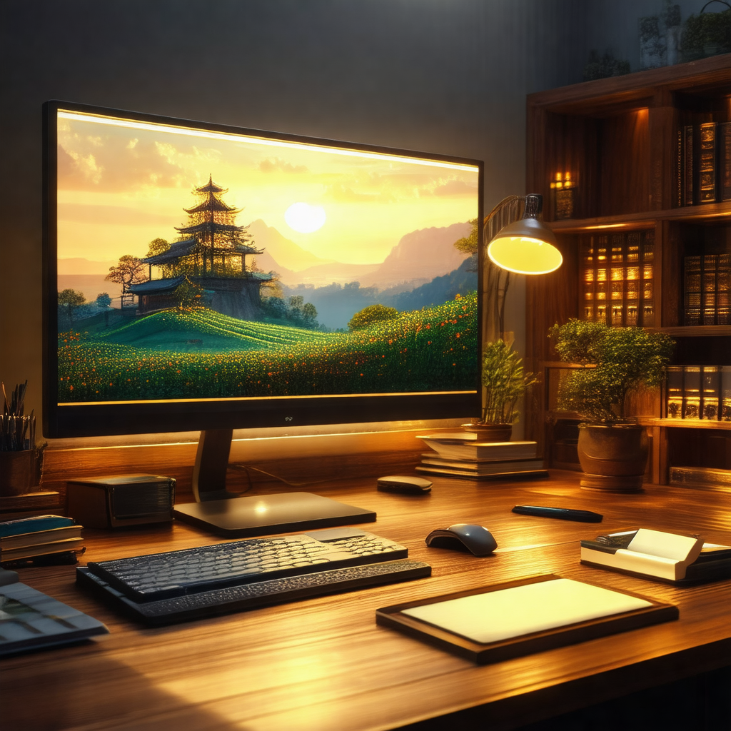 Wooden desk with a large flat screen tv mounted on the wa...