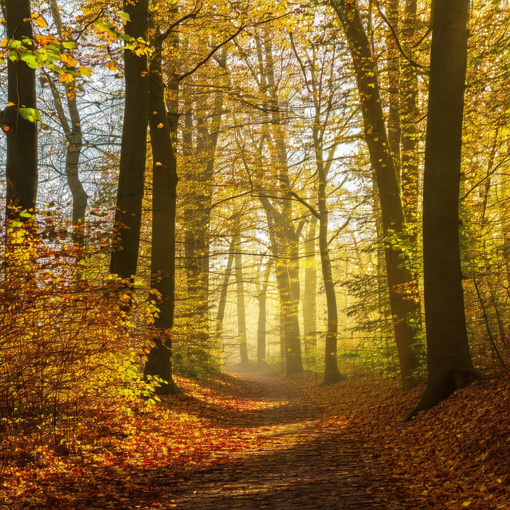 Beautiful forest scene with a pathway leading through the...