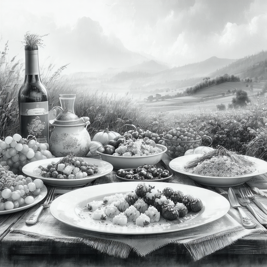 Painting of a table filled with a variety of foods