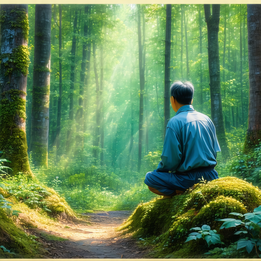 Man sitting in a forest, surrounded by trees and greenery