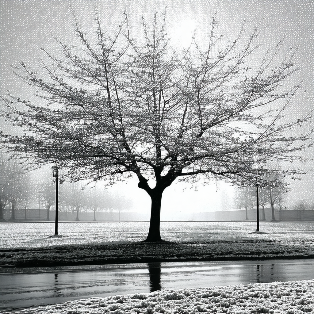 Black and white photo of a snow-covered tree in a park