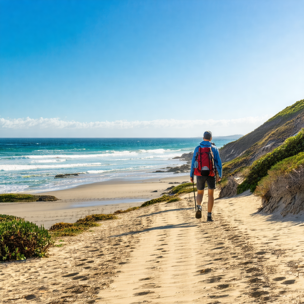 Man walking along a sandy path near the ocean