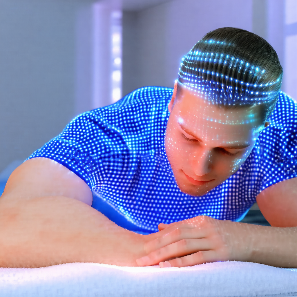 Man lying on a bed, with a blue light illuminating his face
