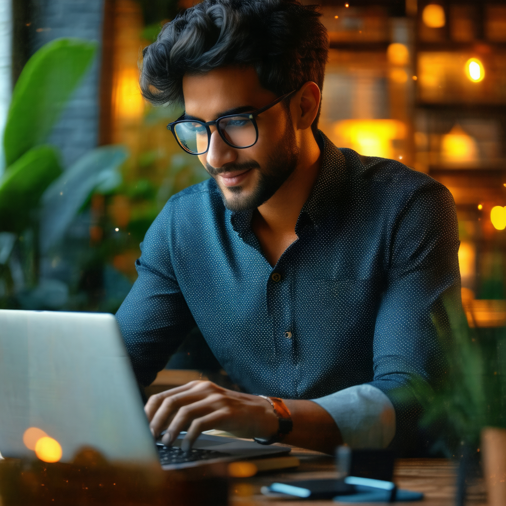 Man sitting at a dining table, working on a laptop computer