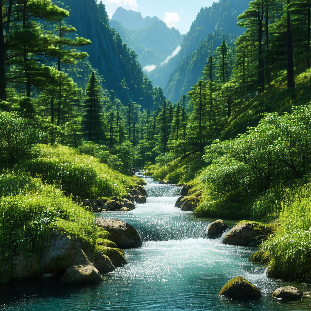 Serene scene of a river flowing through a lush green forest