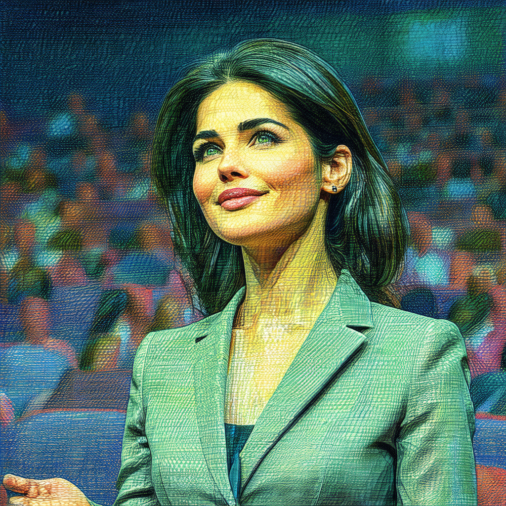 Painting of a woman wearing a suit and tie, standing in f...