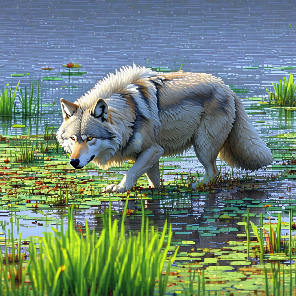 Wolf standing in a body of water, possibly a lake or a pond