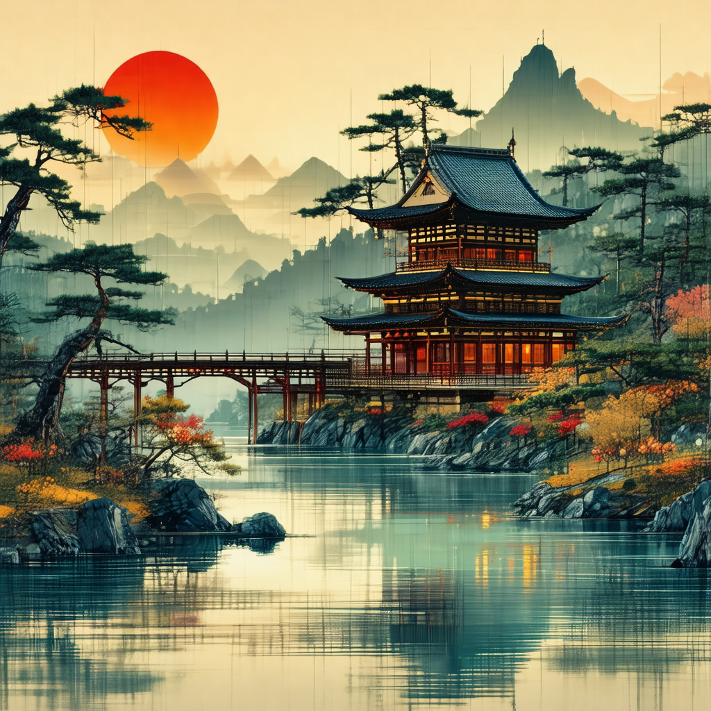 Beautiful scene of a chinese pagoda, surrounded by a sere...