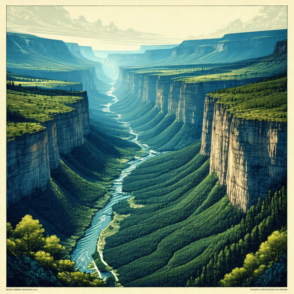 Painting of a river flowing through a valley, surrounded ...