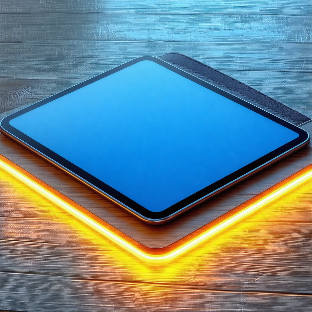 Square-shaped tablet computer with a blue screen