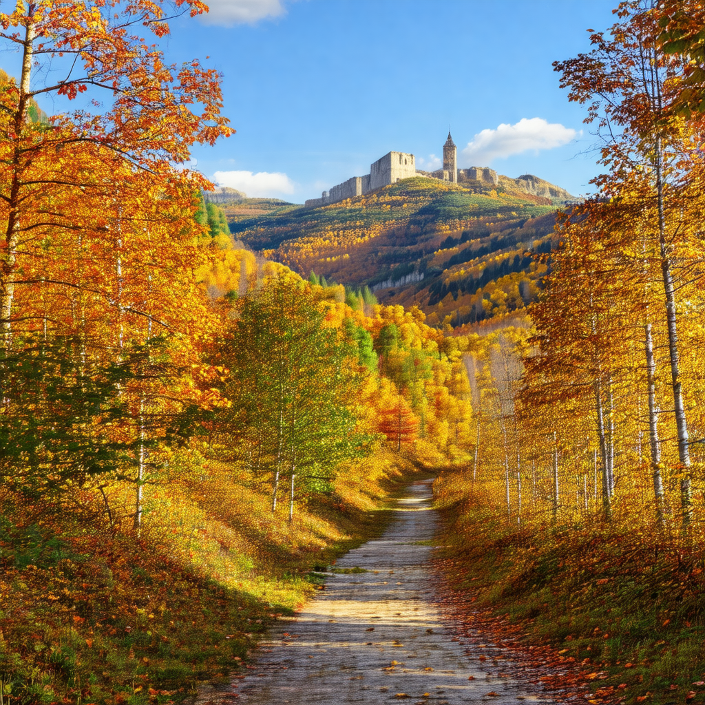 Picturesque scene of a dirt road surrounded by trees, wit...