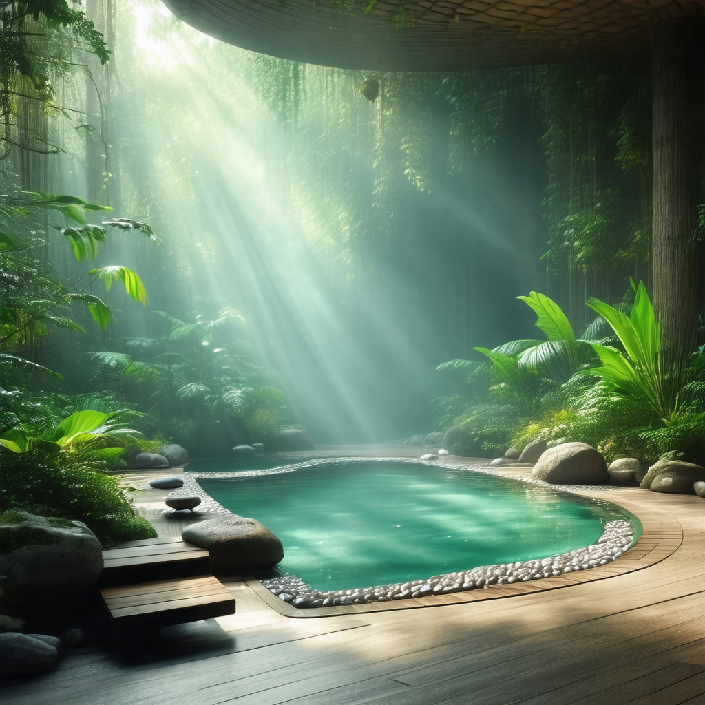 Large swimming pool surrounded by a forest of trees