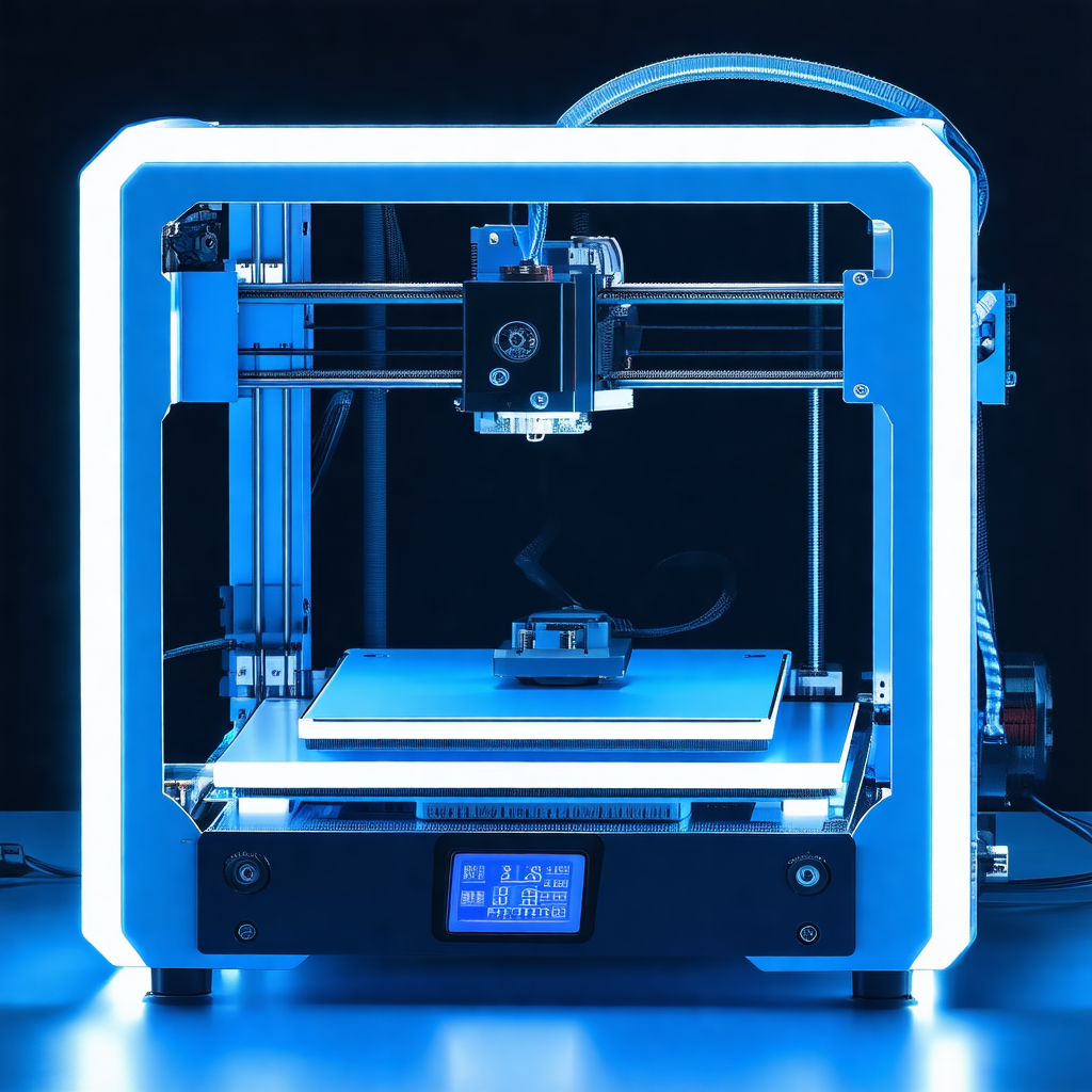3d printer in action, with a blue light illuminating the ...