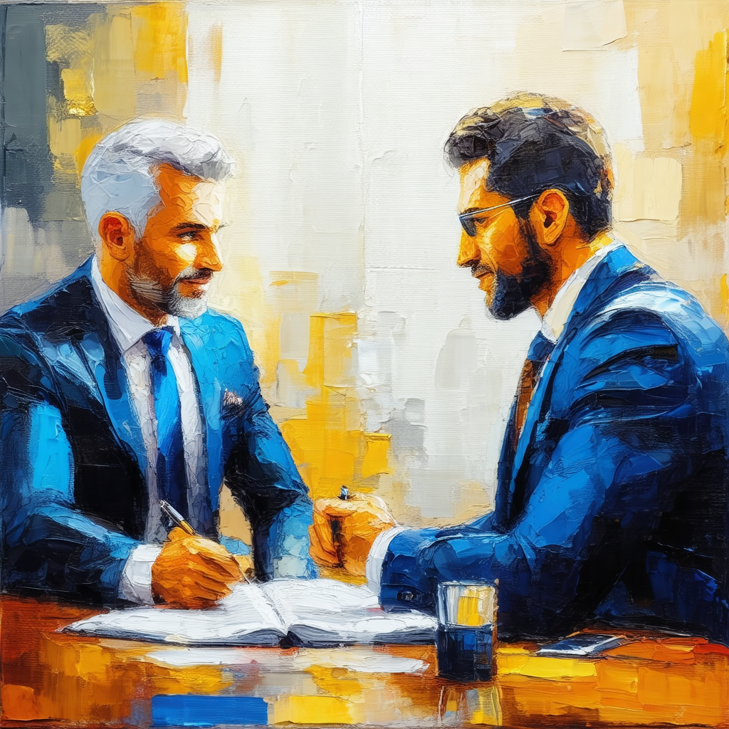 Two men sitting at a table, engaged in a conversation