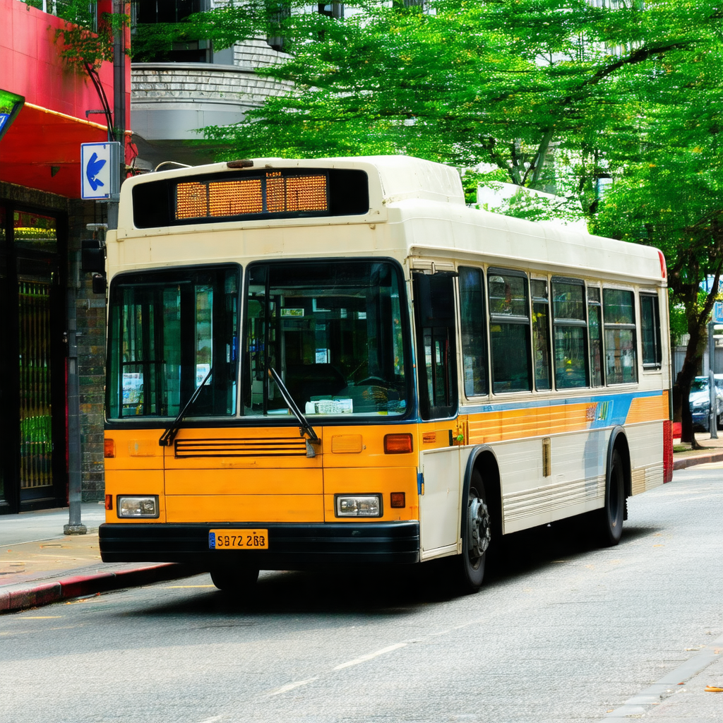 Large yellow and white bus driving down a city street