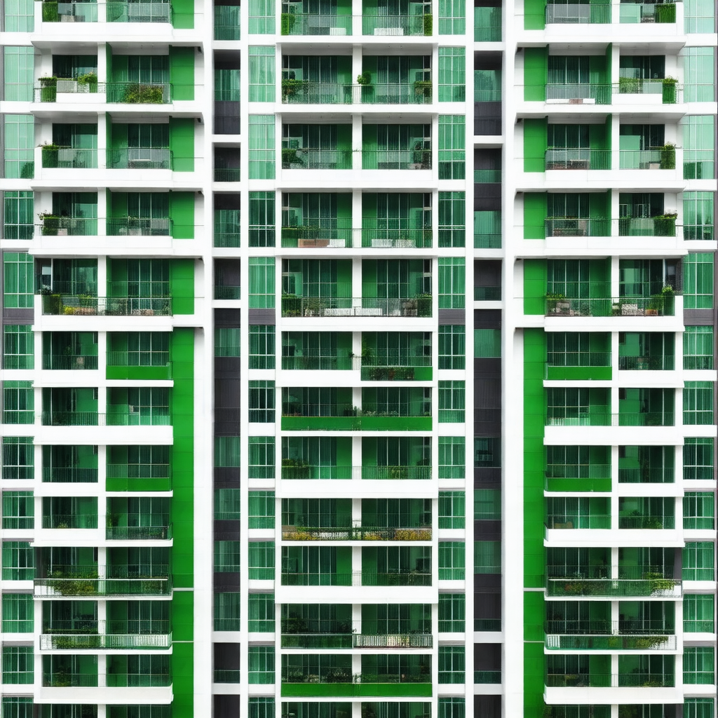 Large, multi-story building with green and white exteriors