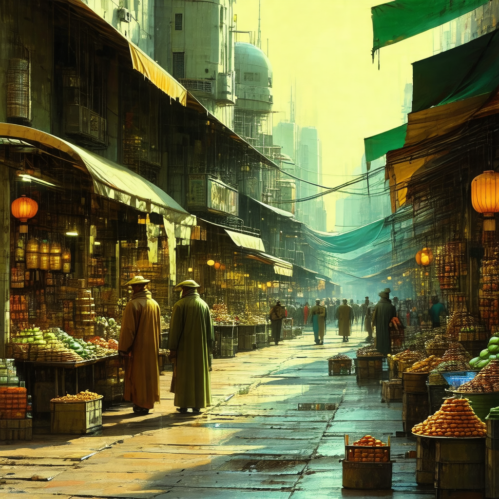 Bustling marketplace with a crowd of people walking down ...