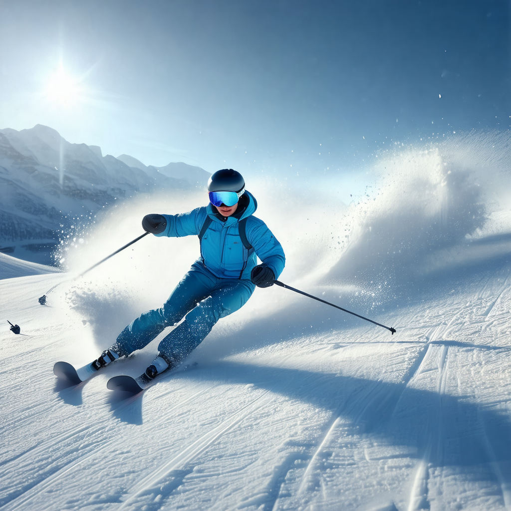Captures a person skiing down a snow-covered slope