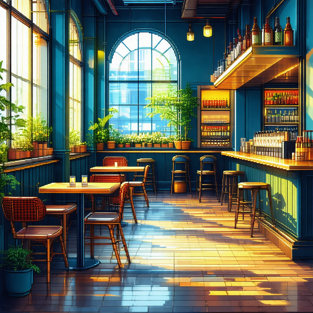 Colorful, hand-drawn illustration of a bar and restaurant...