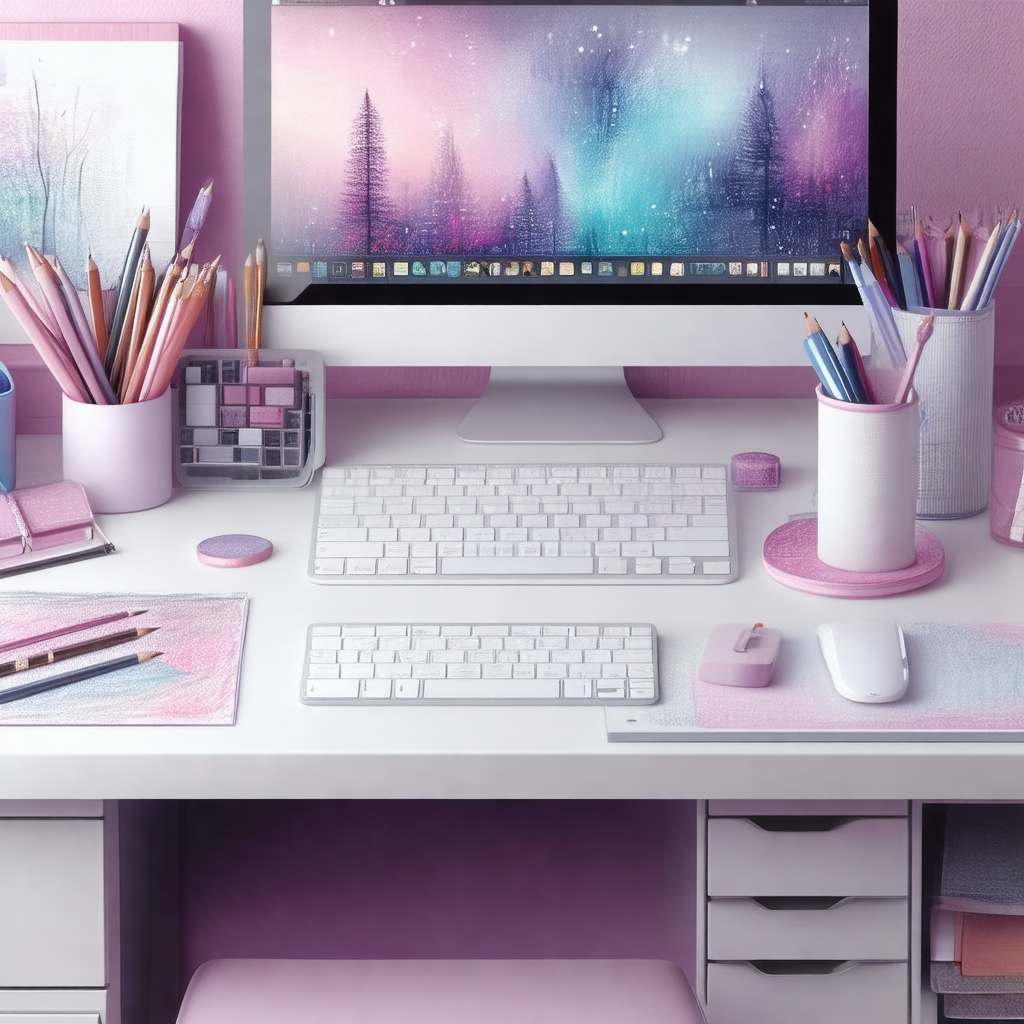 Desk with a computer monitor and keyboard placed on it