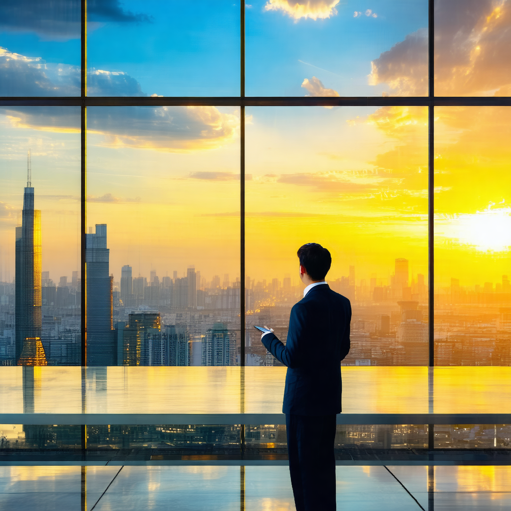 Man standing on a glass balcony, looking out over a citys...