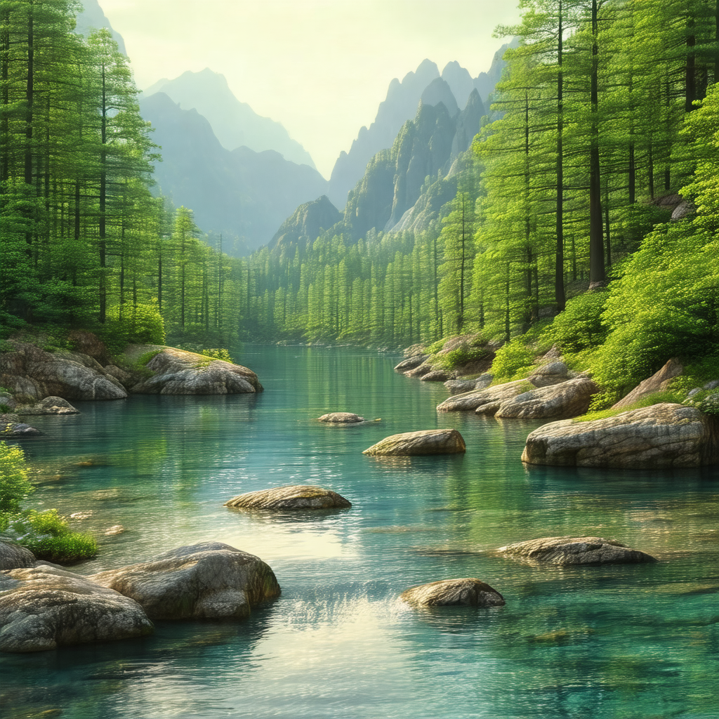 Serene scene of a river flowing through a lush green forest