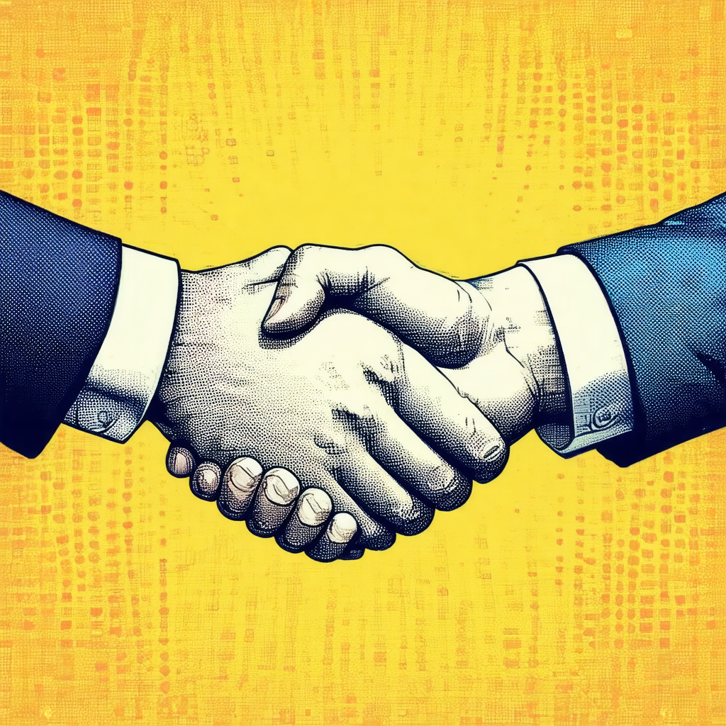Two men are shaking hands in a yellow room