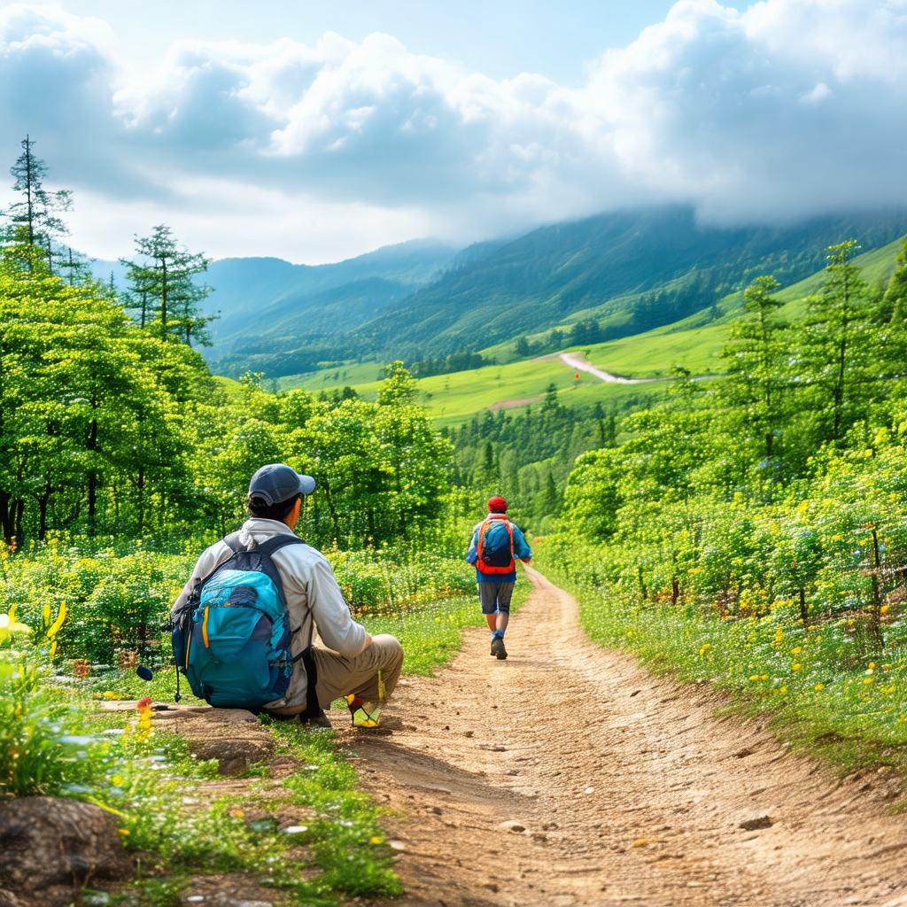 Two men walking down a dirt road in a lush green forest