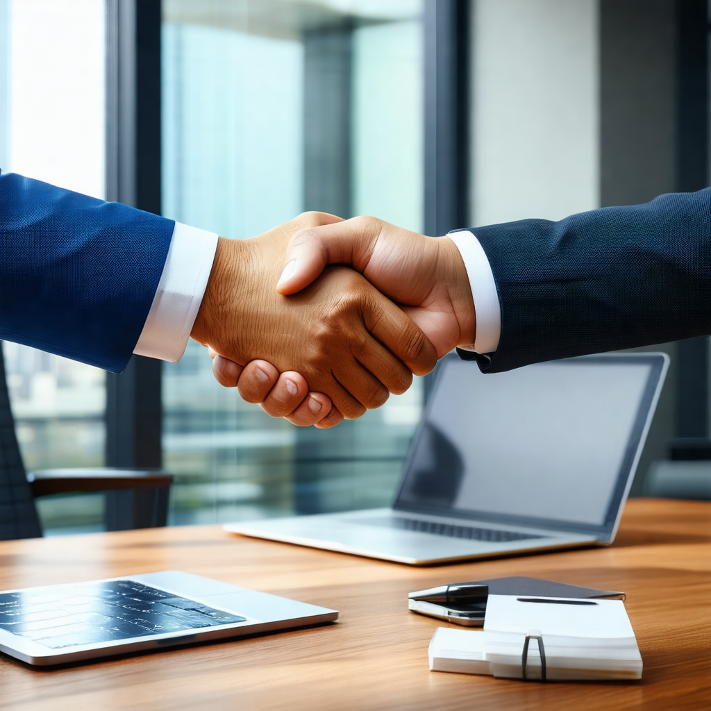 Two men shaking hands in a business setting