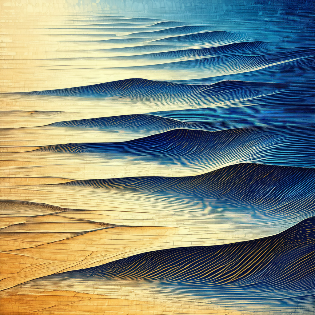 Painting of a beach scene with a blue ocean and a sandy s...