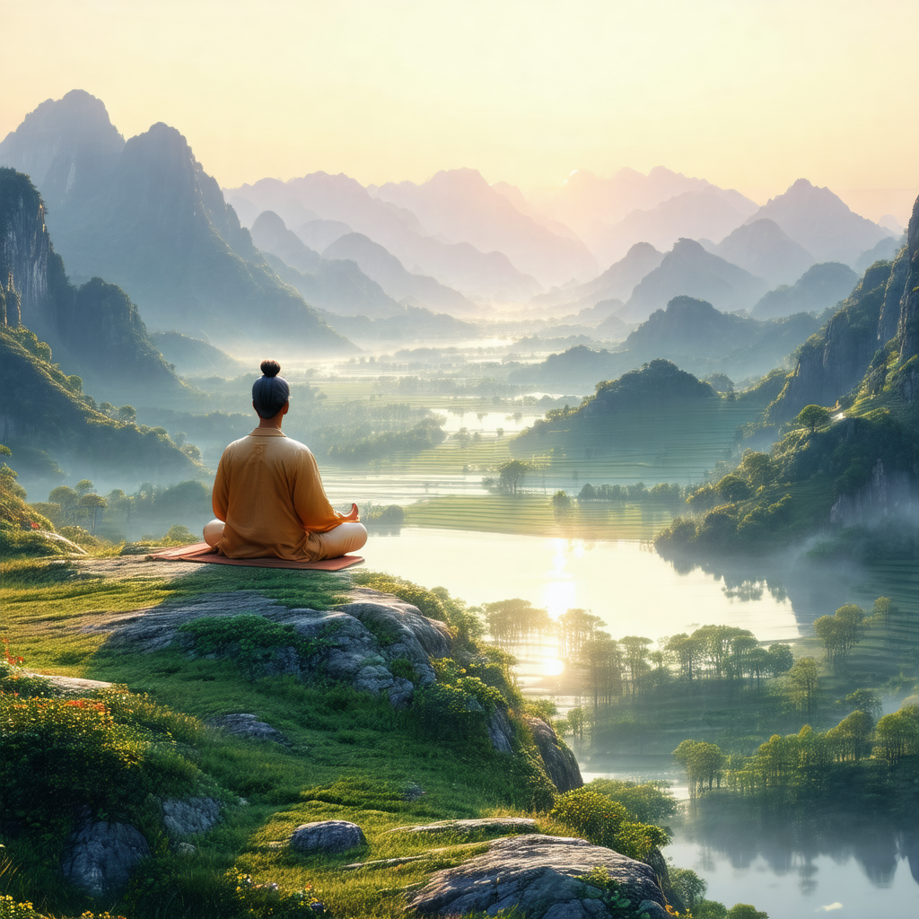 Person sitting on a rocky hillside, overlooking a beautif...