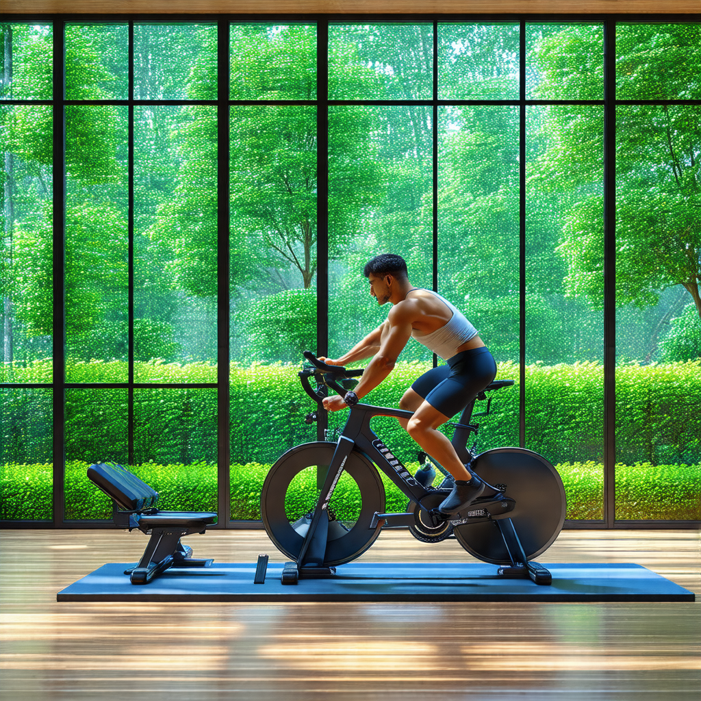 Man riding a stationary bike indoors, likely in a gym or ...