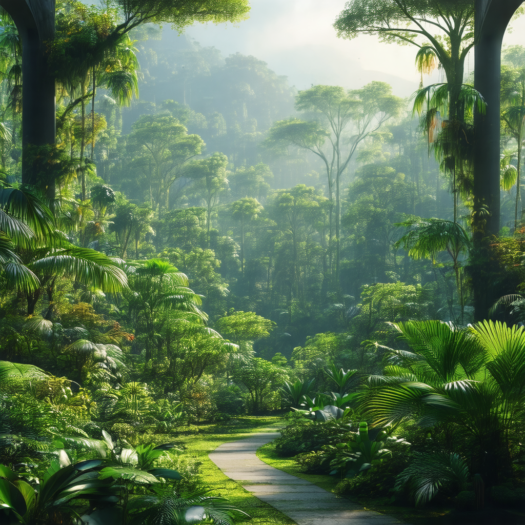 Lush green forest with a dirt path running through it